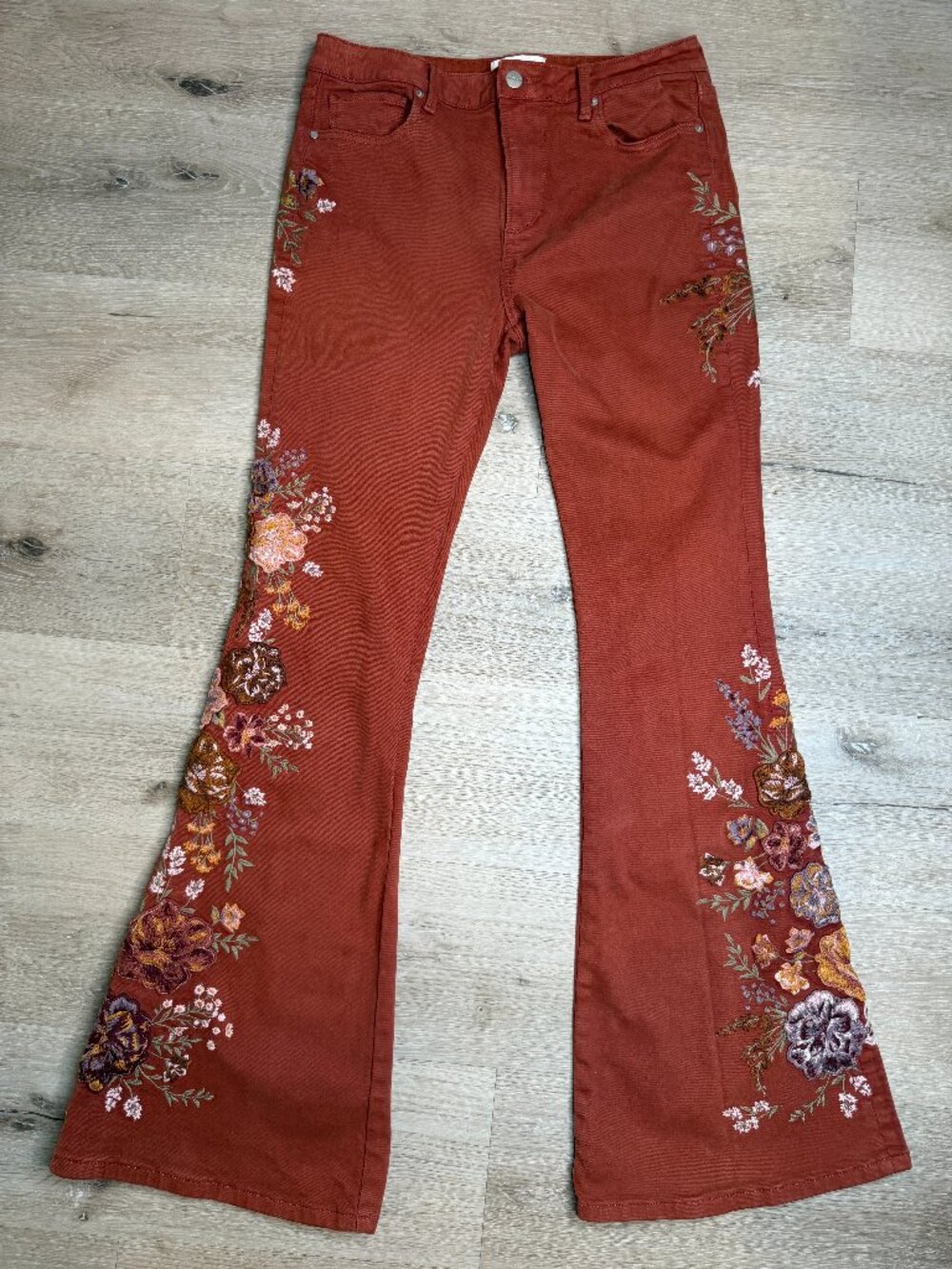 Free People x Driftwood Farrah Embroidered Flare Jeans Rust 28
